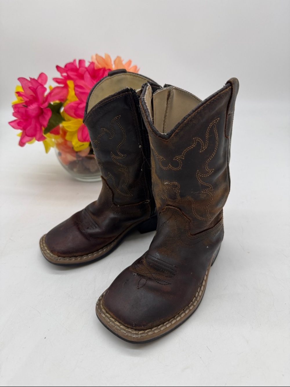 Old West Children's Brown Leather Cowboy Boots Size 8 COW9862